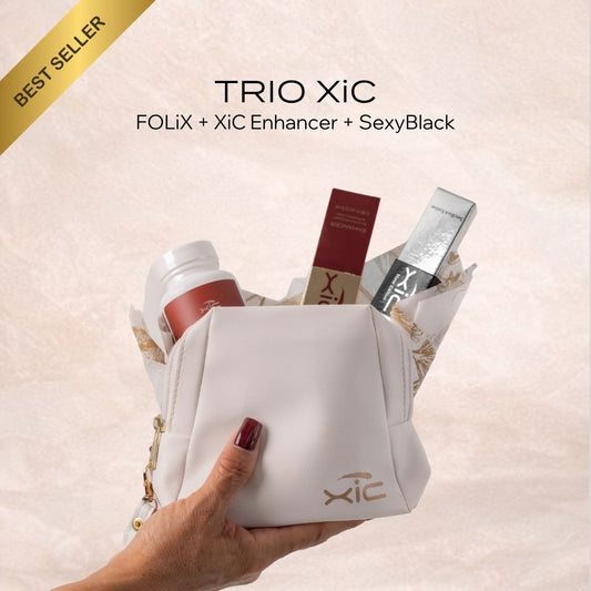 Paquete Trío XiC — suero para pestañas, suplemento para cabello y delineador negro